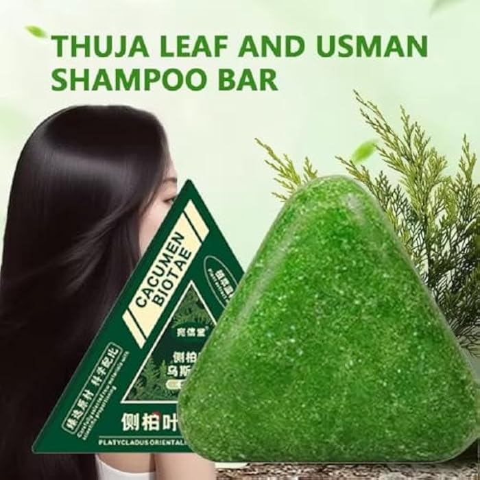Cacumen Biotae Thuja Leaf and Usman Grass Shampoo Bar, Natural Herbal Formula, Green Triangle Shape - Image 2